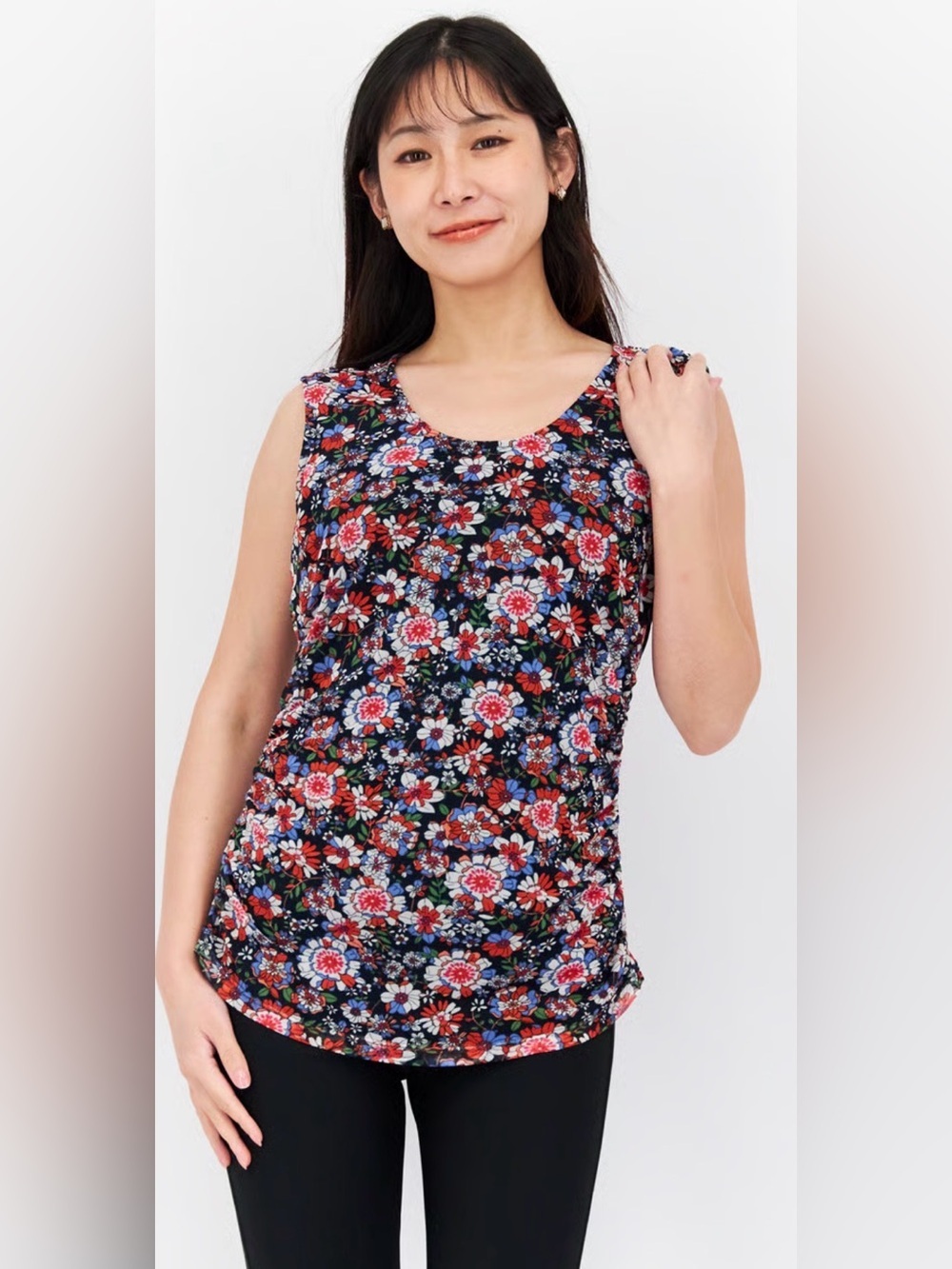 Tommy Hilfiger Black Floral Sleeveless Ruched Blouse. Sz XS